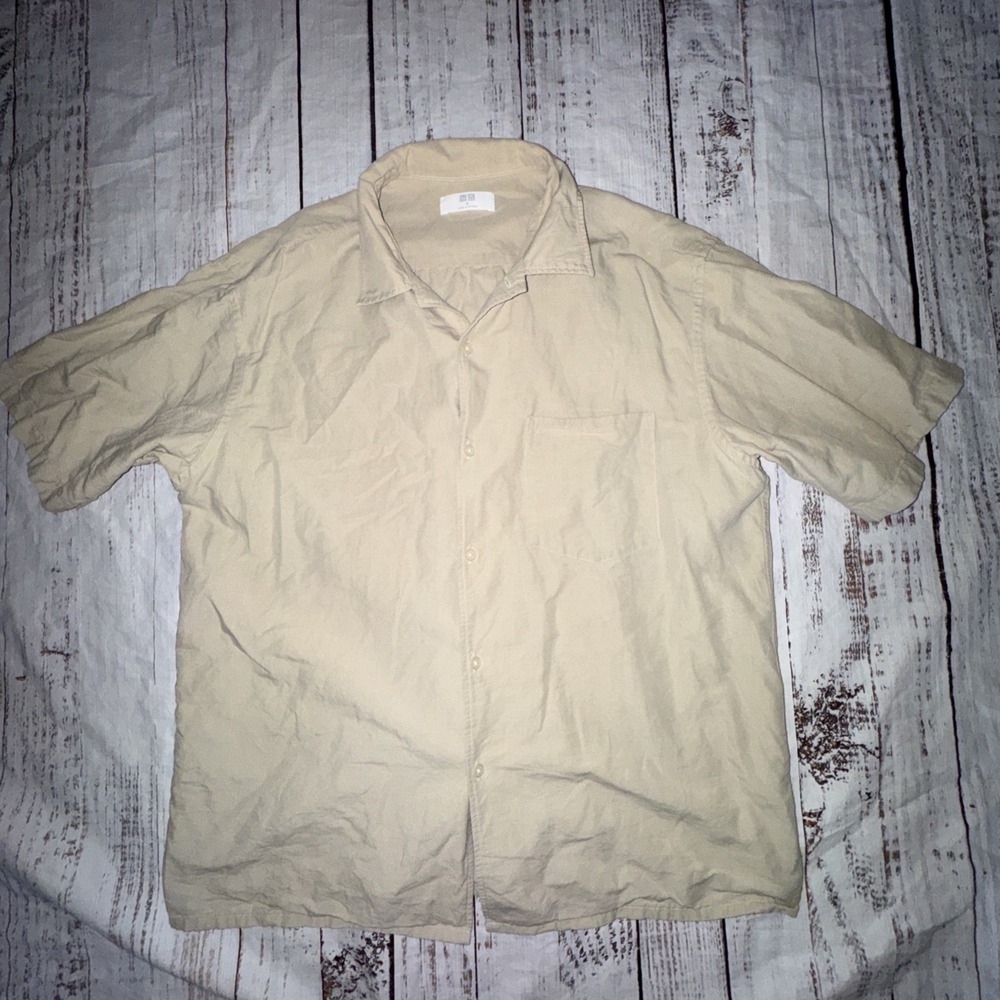 Uniqlo Mens Medium Beige Short-Sleeve Button-Up Shirt Cotton Linen Blend
